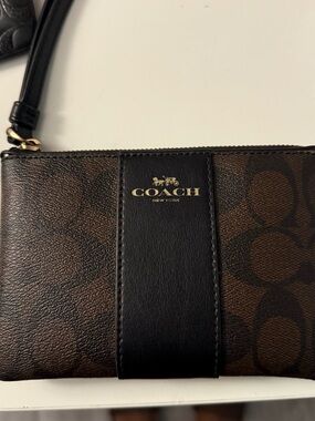 Coach Brown and Black Signature Wristlet with Gold Logo